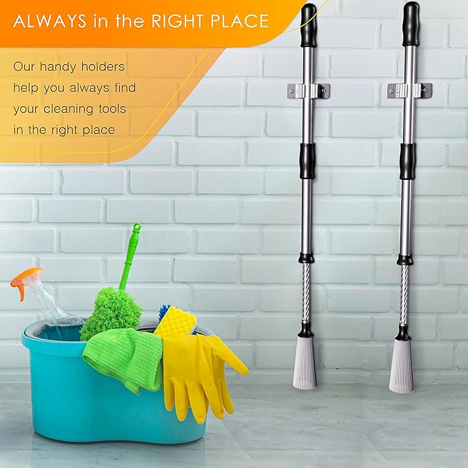 Self Adhesive Broom and Mop Holder Wall Mounted – SUS304 Stainless Steel 2-Slot Organizer with Anti-Slip Rubber Grips, 25lb Load, Adjustable for 0.6–1.4" Handles, Garage Kitchen Bathroom Use, 3 Pack