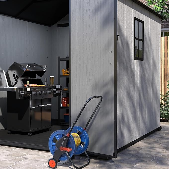 7.3x7.3 FT Resin Outdoor Storage Shed Large, 376 Cuft Garden Tool Sheds & Outdoor Storage Plastic Shed with Floor, 8FT Tall Backyard Lawn Mower Storage Shed with Side Window, Cemented Grey