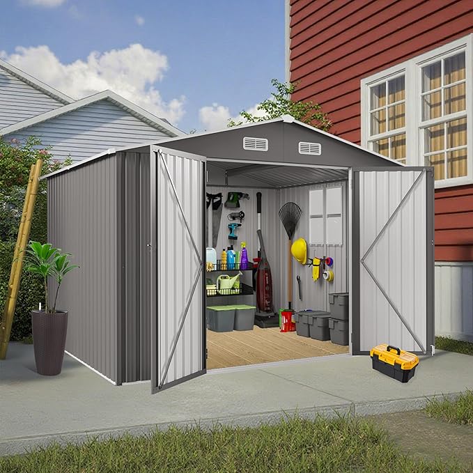 8X10 FT Outdoor Storage Shed with Window, Metal Sheds & Outdoor Storage with Lockable Door and 4 Vents, Outside Storage Shed Waterproof for Backyard, Garden, Patio, Gray