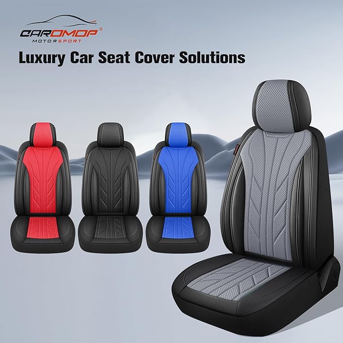 CAROMOP Luxury Faux Leather&Fabric Car Seat Covers Full Set with Breathable 3D Foam Back Support,Universal Comfortable Seat Covers for Cars,Trucks,SUVs, Front Armrests Compatible(5-Seat Black/Grey)