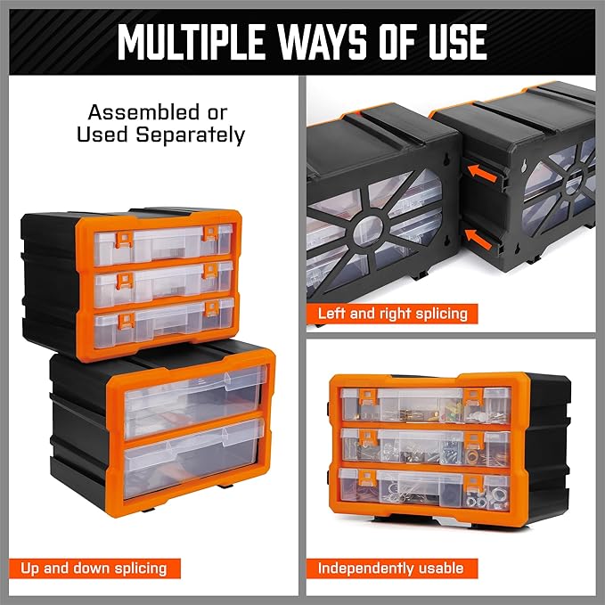 HORUSDY 38-Drawer Durable Screw Organizer, Small Parts Organizer for Hardware, Tools, Screws, Heavy-Duty Wall Cabinet Storage of Beads, Crafts (3 Large Drawers with Dividers for 36 Compartments)