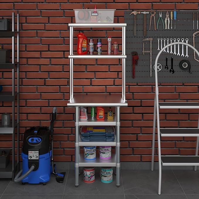 Amgood 18" x 24" Stainless Steel Work Table with 3 Shelves and 12" Wide Double Tier Overshelf | Metal Kitchen Prep Table & Shelving Combo | NSF