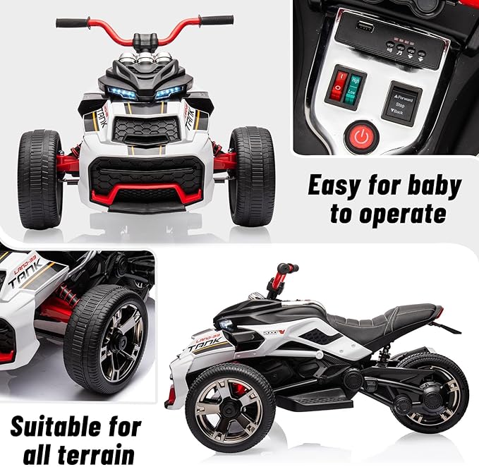 12V Kids Electric Ride-On Car with Parent Remote Control, 7MPH, 2 Speeds, 2x55W Motor, LED Lights, Music, USB & EVA Tires, 3 Wheel Battery Powered Toy Vehicle for Toddlers (White1)