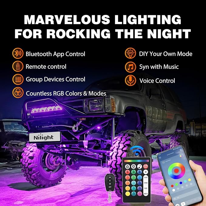 Nilight RGB LED Rock Lights Kit 6 PCS 18LED Wide Angle Wheel Well Light with Remote & Bluetooth App Dual Control Multi Modes Underglow Multicolor Neon Pod for ATV UTV SUV Offroad Truck RZR Boat