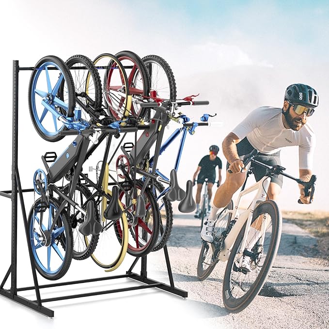 Freestanding Bike Storage Rack, Heavy Duty Vertical Bike Rack with 300LB Capacity, Hold 5 Bikes, Indoor Bicycle Organizer for Garage Storage with No Drilling Needed