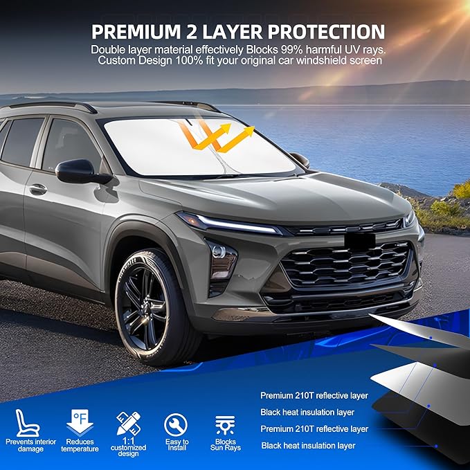 Windshield Sun Shade for Ch-evro-let/Chevy Trax (LS/1RS/LT/2RS/ACTIV) 2024 2025 2026 Foldable Sunshade Custom Fit Front Window Car Interior Accessories Protector Blocks UV Rays