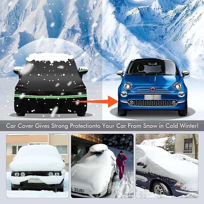 Replace for 2007-2023 Fiat 500/500C Car Cover 210D Outdoor Waterproof UV Snow Rain Protection, with Cotton Layer, Zipper Door, Reflective Strip, Storage Bag, for Abarth Turbo Sport Lounge Pop