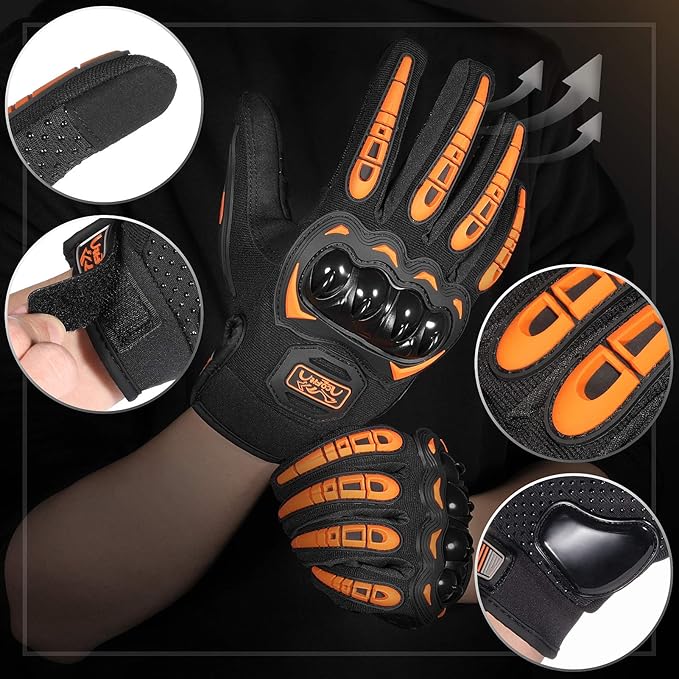 COFIT Motorcycle Gloves Breathable, Touchscreen Motorbike Gloves Anti-Slip with Good Grip Hard Knuckles Protection for Men Women Motocross, BMX ATV MTB Cycling, Road Racing - Orange XL