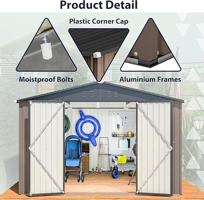 10 x 10 FT Outdoor Storage Shed, Large Metal Tool Sheds with Updated Frame Structure and Lockable Doors, Garden Shed for Backyard Garden Patio Lawn