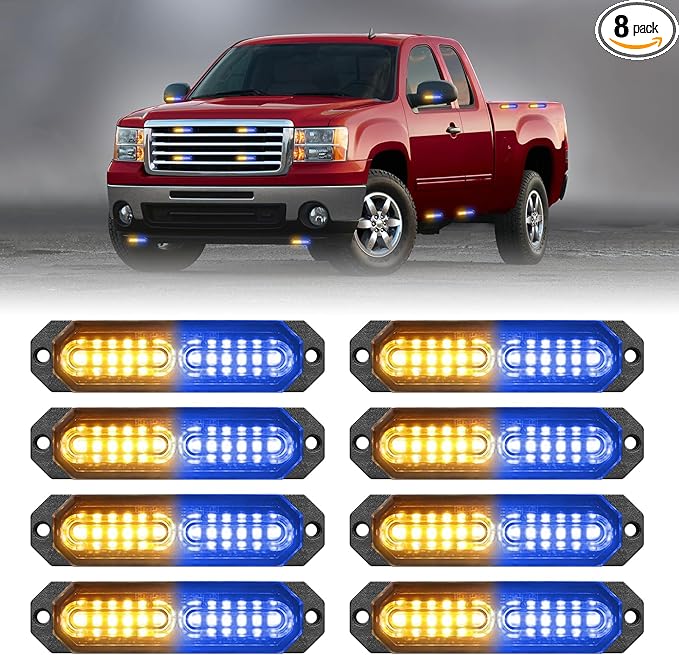 HLauto 1200T Emergency Strobe Grille Lights: 8pcs 12 LED Sync Feature Safety Warning Flashing Lights, Ultra Slim Surface Mount Hazard Caution Lights for Trucks, Vehicles, Car, ATV, UTV (Amber Blue)