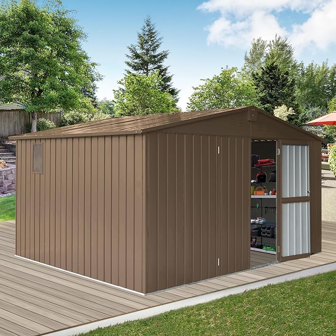 IKERY Large Galvanized Steel Storage Shed - 11' x 9' with Windows and Lockable Door, Outdoor Garden and Utility Tool Shed for Backyard and Patio, Brown