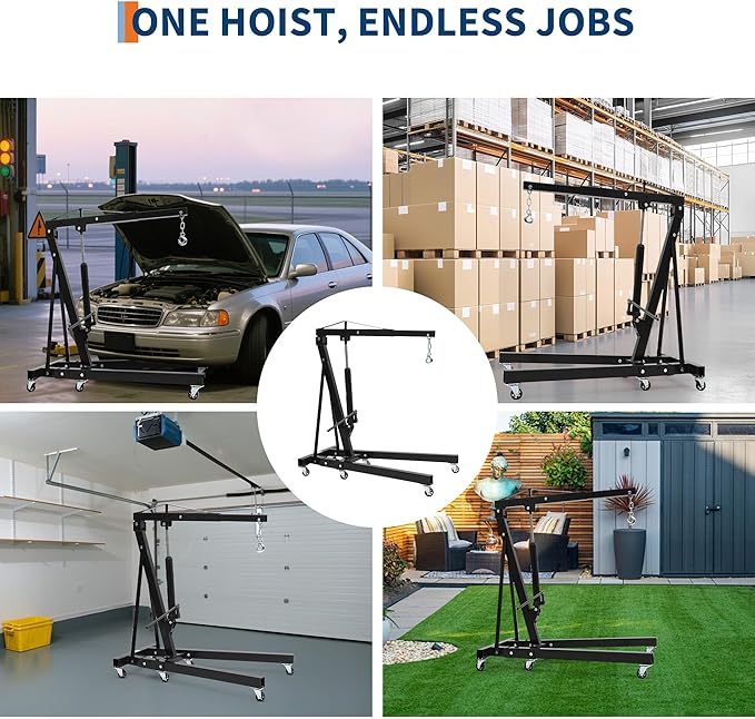Engine Hoist Cherry Picker, 2 Ton Folding Hydraulic Engine Hoist with Telescopic Boom & 6 Casters, Heavy Duty Shop Crane Lifting Cherry Picker for Workshops Garage, Black