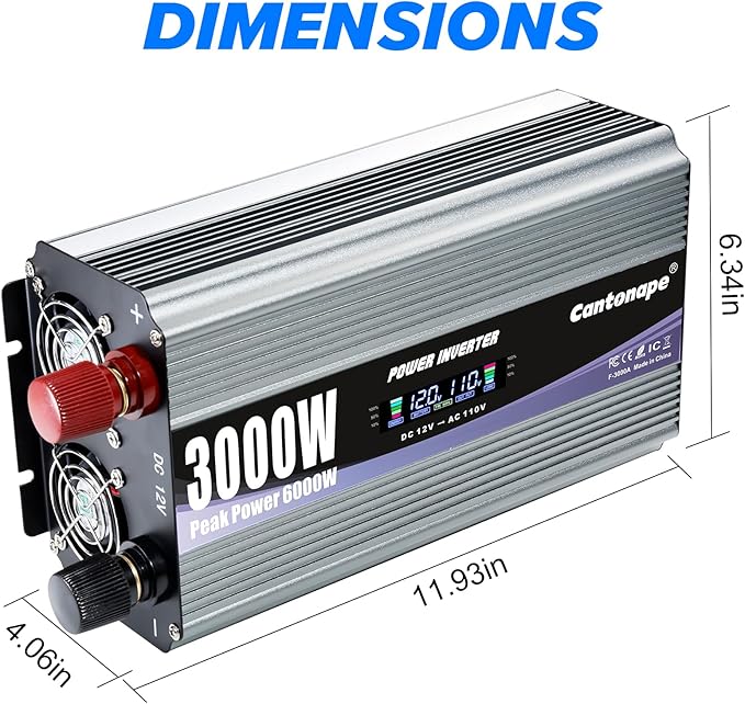 3000W Power Inverter 12V to 110V/120V DC to AC with LCD Display, Remote Controller and 4 x AC Outlets Car Adapter for Car Truck Boat RV Off Grid Solar System