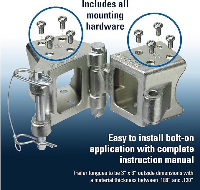 Fulton HDPB330101 Fold-Away Hinge Kit, Bolt On, 5,000 lbs. Capacity, 3 Inch x 3 Inch, Silver, Includes all mounting hardware