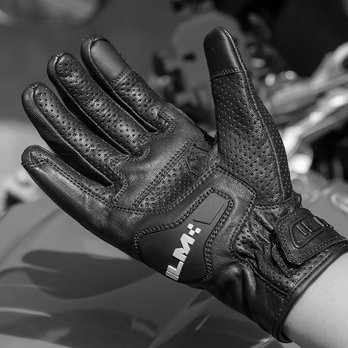 ILM Goatskin Leather Motorcycle Motorbike Powersports Racing Gloves Touchscreen for Men and Women Model DN01(XXL, Black Perforated)