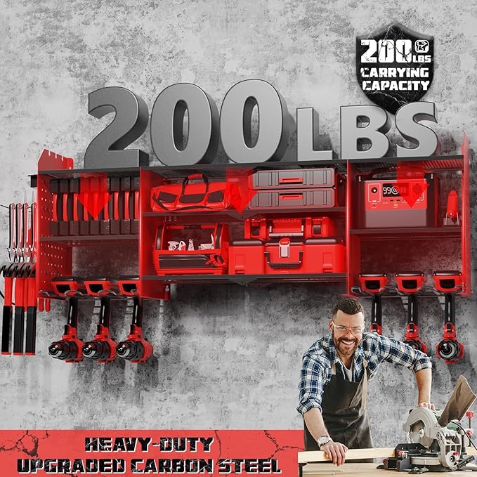 Power Tool Organizer Wall Mount with Charging Station, 45.5" Expanded Garage Wall Tool Organizer with 4 Pegboard Hooks, 6.5FT Outlet Power Strip, Large Garage Storage Rack for Impact Wrenches