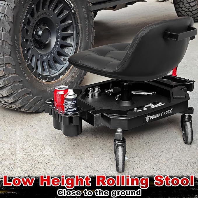 Rolling Stool with Wheels, Adjustable Height Pneumatic Garage Work Mechanic Stool Seat with Backrest, 400 LBS Capacity 360° Swivel Mechanic Crepper Chair with Tool Tray Storage, Black