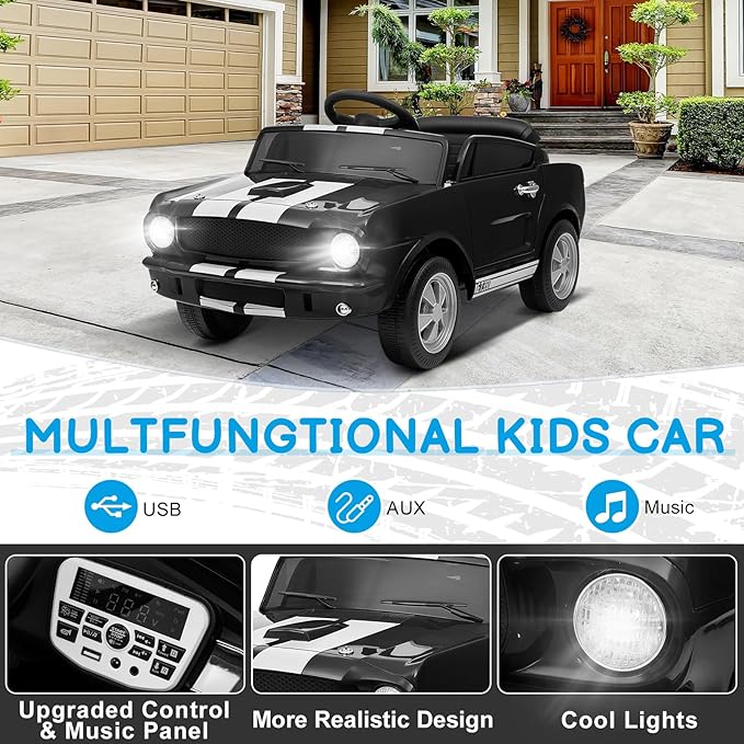 Winado 12V Licensed Shelby Electric Car for Kids, Battery Powered Ride On Toy for Toddlers with Remote Control, Upgrade Panel, Bluetooth, Shock Absorbers, Safety Belt, 3 Speeds, LED Lights - Black