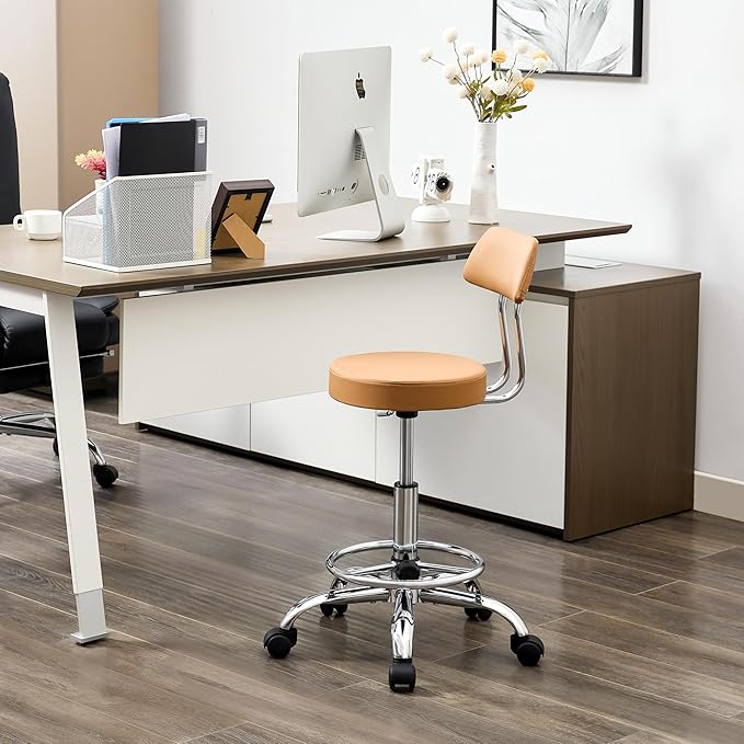 Ergonomic Desk Stool(Sturdy Rolling Stool with Back)(Swivel Armless Office Chair 19.5’’-26.6’’) Adjustable Footrest Salon Chair (Camel Brown)