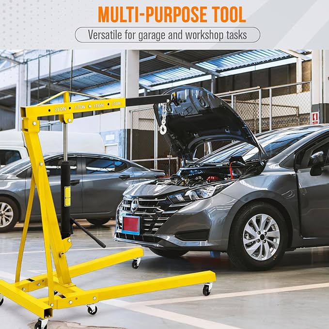 2 Ton Hydraulic Engine Hoist with Lever Stabilizer , Cherry Picker Engine Hoist, 4400LBS Heavy Duty Garage Crane with 6 Swivel Casters & Adjustable Telescopic Boom, for Auto Repair & Workshop (Yellow)