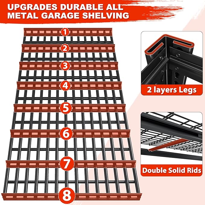 REIBII 55.2'' W x 78.2'' H x 26'' D, 5-Tier Metal Garage Shelving Units, 3000LBS Capacity, Adjustable Heavy Duty Shelves, 2 Pack