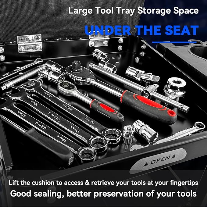 Rolling Creeper Garage Shop Seat for Men, Padded Mechanics Stool with Tool Tray Storage for Garage, Rolling Workshop Stool with Wheels, Auto Creeper Seat, 330 LBS Capacity, Heavy Duty, Black