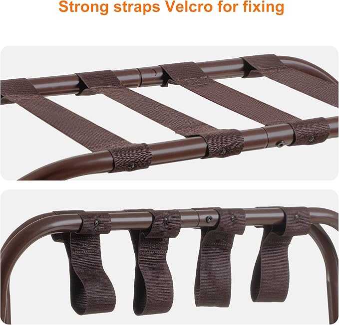 Heybly Luggage Rack, Steel Folding Suitcase Stand with Storage Shelf for Bedroom, Hotel, Foldable Steel Frame, Guest Room Bedroom Hotel, 22.8" L x 11.8" W x 20.9" H, Brown HLR004Z1