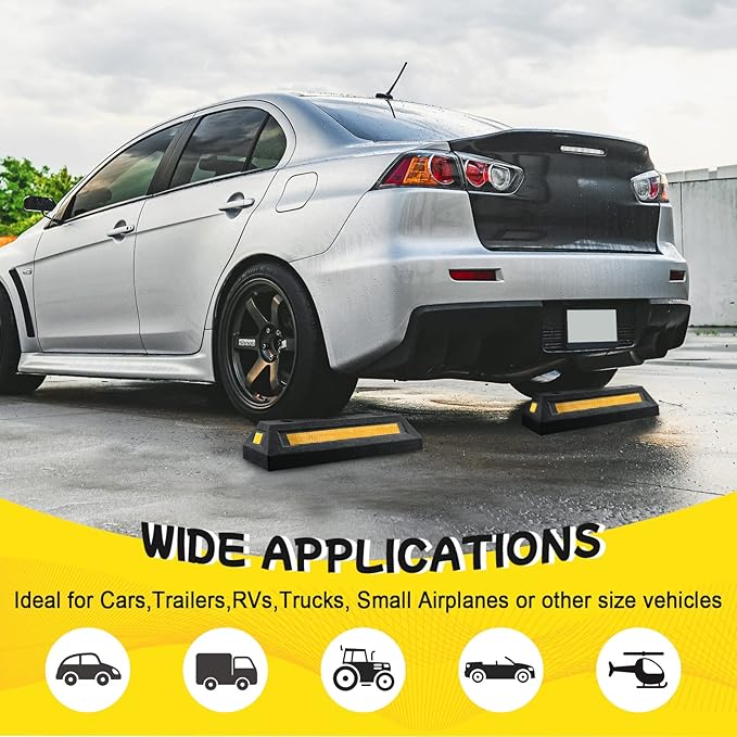 Car Parking Stopper – 2PCs Heavy Duty Rubber Curb Car Stop for Garage and Driveway, Parking Aid, 18” Tire Wheel Stop for Cars, Vans, Trucks – Prevents Hitting Wall or Barrier – Easy Installation
