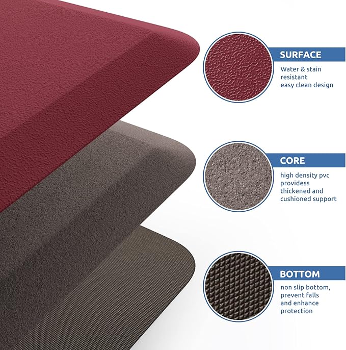 KitchenClouds Kitchen Mat Cushioned Anti Fatigue Rug 17.3"x28" Waterproof Non Slip Kitchen Standing Desk Mat Comfort Floor Mats for Kitchen House Sink Office (Red)