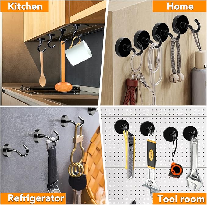 MIKEDE Magnetic Hooks, 25Lbs+ Black Heavy Duty Earth Magnets with Hook for Refrigerator, Strong Neodymium Magnetic Cruise Hooks for Hanging, Curtain, Grill and Kitchen - Pack of 4