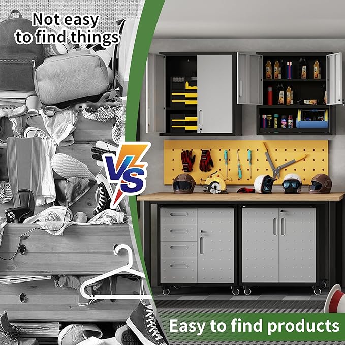 Metal Tool Cabinet,Garage Storage Cabinet System,Wall Cabinet & Locking Rolling Tool Cabinet with Doors and Adjustable Shelves,Steel Tool Cabinets for Home,Office (2 Pcs-StyleA, Black & Grey)