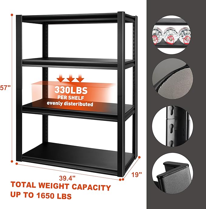 PACHIRA E-Commerce 39.4" W Garage Shelving Unit Heavy Duty, 4 Tier Adjustable Shelves Garage Storage System Industrial Shelving Kitchen Storage Rack 39.4" W x 19" D x 57" H