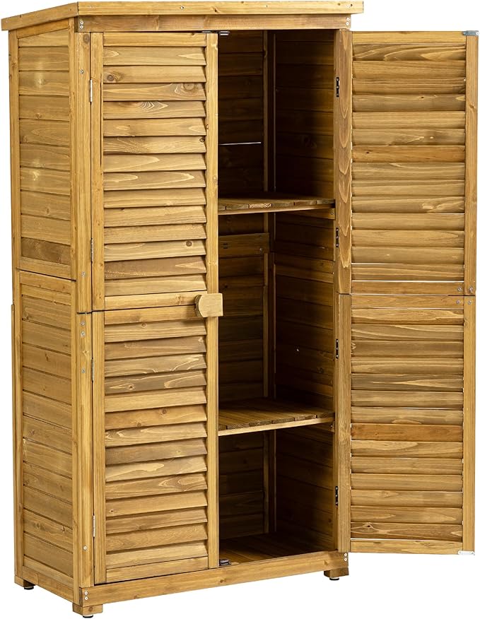63 "H x 34.25 "L x 18.5 "W Vertical Garden Shed for Patio,Outdoor Wooden Storage Cabinet with Waterproof Roof, 2 Removable Shelves, and Adjustable Feet, Yard, and Garage,Natural Wood