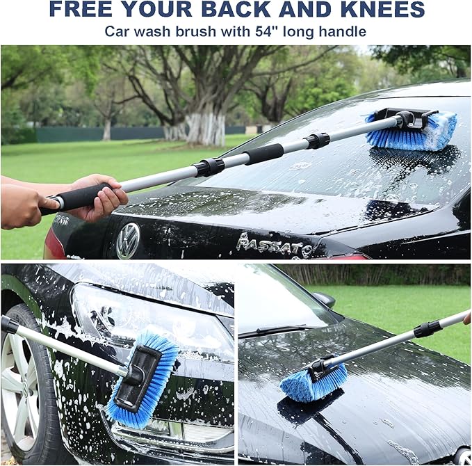 69" Car Wash Brush with Long Handle, Flow-Thru Soft Bristle Car Washing Brush with Extendable Handle and Hose Attachment for Car, RV, SUV, Truck, Boat, House Siding, Solar Panels, Blue