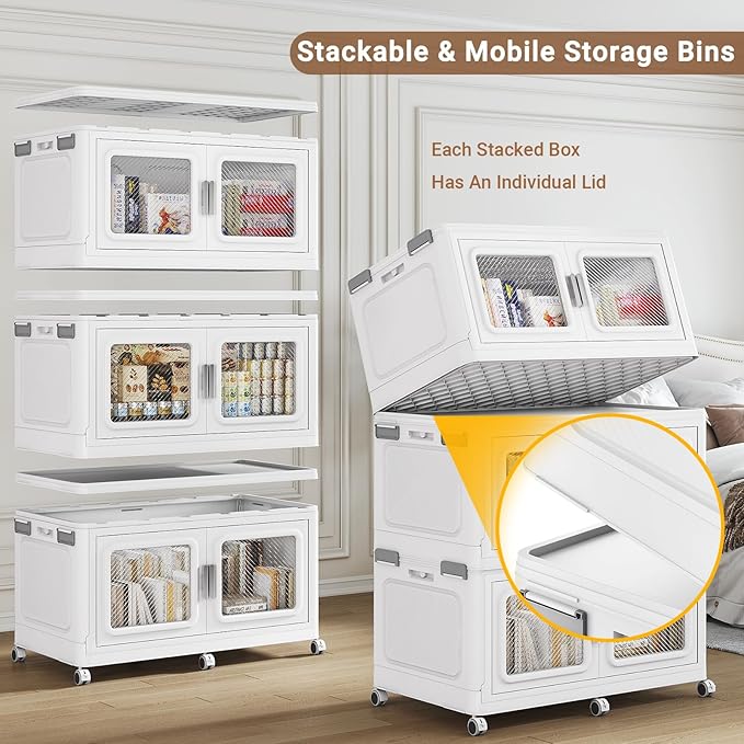 880 Qt Stackable Storage Bin with Lid, 220Gal Extra Large Collapsible Storage Boxes, Folding Plastic Drawer, Heavy-Duty Store Cabinet, Closet Organizer for Home Kitchen, 4 Pack White