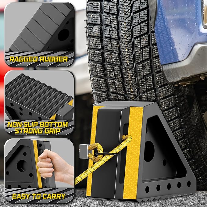 4 Pack Heavy Duty Wheel Chocks with 39" Rope, Rubber Wheel Chocks for Trailers, RV, Cars, Trucks, and ATV