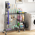 Cleaning Utility Cart on Wheels, Multifunctional Cleaning Tools Supplies Organizer with Broom and Mop Holder, Vacuum Stand Compatible with Dyson, Rolling Storage Caddy Cart for Home