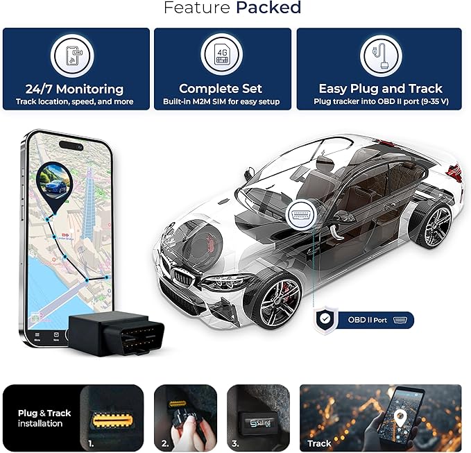Salind GPS 4G LTE OBD 9-35V Fleet and Vehicle Tracker – Hidden Car, Truck, Trailer Locator with Real-Time Monitoring, Route History, Mileage, GeoFence, Compact Splash Proof Design, Fixed Connection