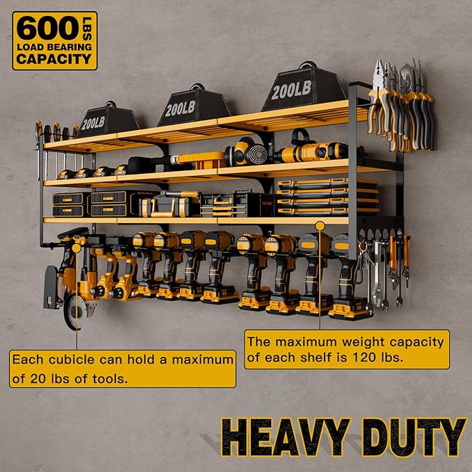48" Large Power Tools Organizer Wall Mount,12 Drill Holder for Garage, Workshop Heavy Duty Storage Rack (Yellow)