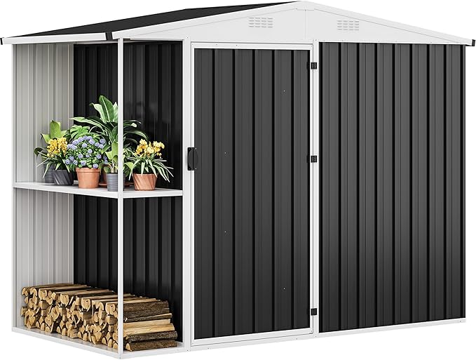 DWVO Outdoor Storage Shed 8x4FT with Rack, Metal Garden Shed with Storage Shelves, Bike Storage Tool Cabinet Box for Lawn Backyard Patio Use, Dark Gray