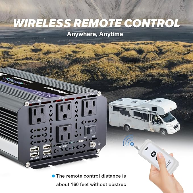 3000W Power Inverter 24V to 110V/120V DC to AC with LCD Display, Remote Controller and 4 x AC Outlets Car Adapter for Car Truck Boat RV Off Grid Solar System