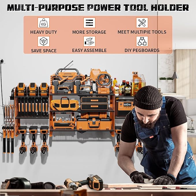 45" Large Power Tool Organizer Wall Mount with Charging Station - 3 Layer Storage Racks with 8 Cordless Drill Holder, 4 Hooks, Heavy Duty Garage Tool Organizer Storage for Workshop Pegboard Basement