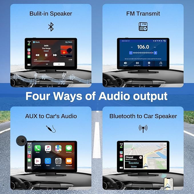 Wireless Carplay Screen for Car with 4K Dash Cam, 9" Portable Carplay & Android Auto, Component Subwoofer, Touchscreen with 1080p Backup Camera, GPS Navigation/Voice Control/BT/Mirror Link/FM