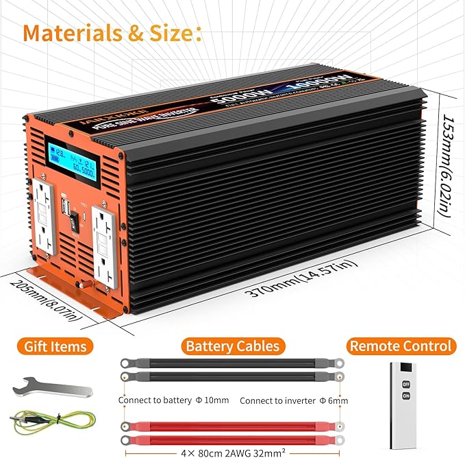5000W Pure Sine Wave Power Inverter 12V DC to 110V 120V Converter for Family RV Off Grid Solar System Emergency Power Supply, Type-C Port 4 GFCI AC Outlet Dual USB Remote Control and LCD Display
