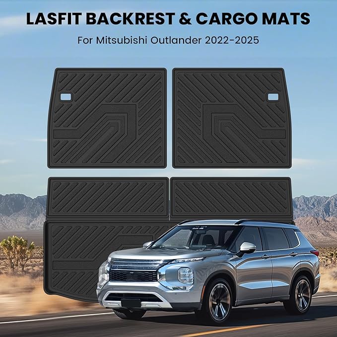 LASFIT Backrest & Cargo Mat for Mitsubishi Outlander 2022-2025 (Not Fit PHEV or Sport Models), Custom Fit All-Weather TPE Rubber Trunk Mat for Mitsubishi Accessories, Waterproof, Easy to Clean, Black