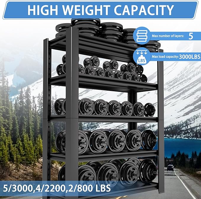 5-Tier Heavy Duty Garage Shelving Unit, 3000 LBS Capacity Metal Storage Rack 72" H x 48" W x 20" D, Adjustable Steel Shelves for Garage, Warehouse, Basement, Pantry, Workshop.2 Pack