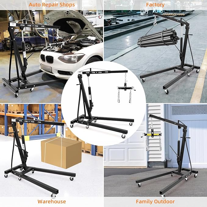 Engine Hoist with Lever, 2 Ton 4000 Lbs Heavy Duty Folding Cherry Picker Engine Lift Hydraulic Tilting Engine Shop Crane with 6 Iron Caster Wheels Telescopic Boom Hitch,Black
