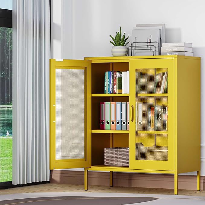 Metal Storage Cabinet with Mesh Doors,Steel Display Cabinet with Adjustable Shelves,Metal Office Storage Locker for Home Office,Garage(Yellow, 40''H)