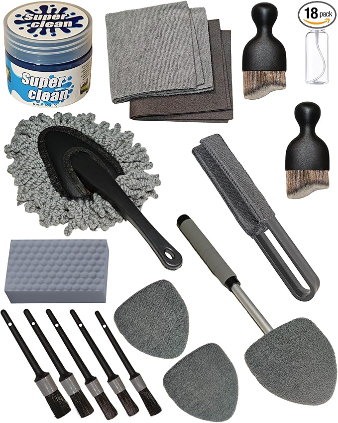 18Pcs Professional Car Interior Detailing Kit All-in-One Cleaning Tools for Windows, Dashboard, Vents, Windshield Cleaner Brush, Magic Sponge, Chamois Cloth, Detailing Brushes & Accessories