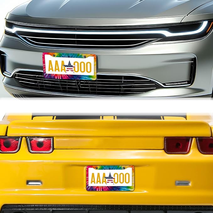 License Plate Frames for Men Rainbow License Plate Frame for Women Novelty Tie Dye Painting Aluminum Metal Car Accessory 2 Pack with Screw Covers Set
